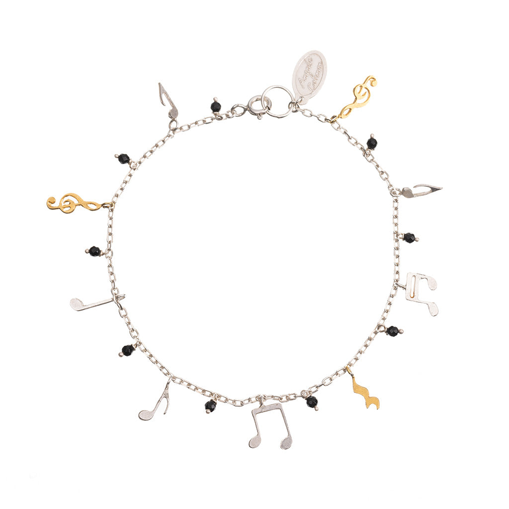 Musical Notes Charm Bracelet , silver, gold plate and onyx